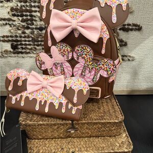 Loungefly Disney Minnie Chocolate Lollipop Ears Mini Backpack and Wallet Set NWT